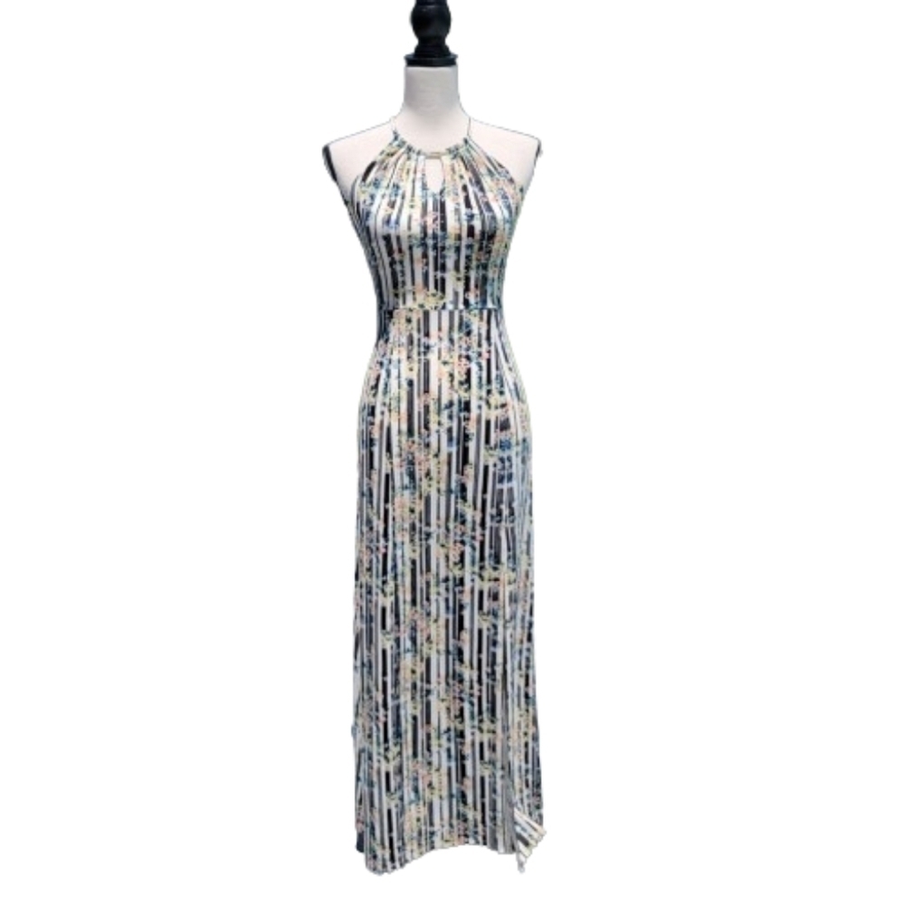 Candies Size XS, Black White and Floral Stripe Maxi Halter Dress, Exc. Used Cond
